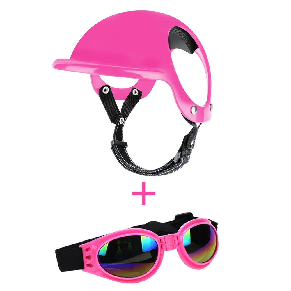 Motorbike-Style Dog Helmet - Pink, with goggles / S (6 to 12.5 kg)
