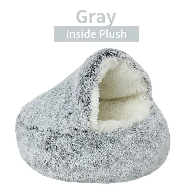 Hooded Plush Round Bed - Grey / 40x40 cm