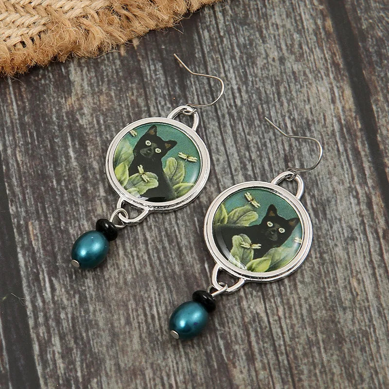 Vintage Black Cat Drop Earrings