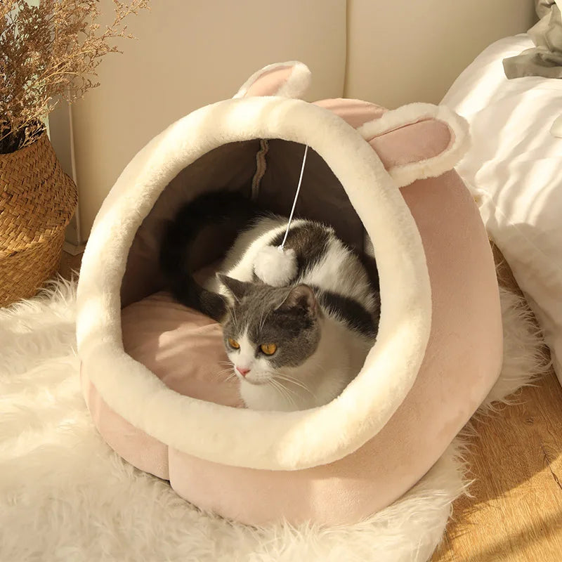 Cosy Cave Cat Bed with Hanging Ball