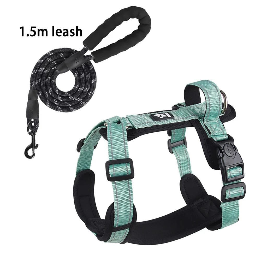 Padded Dog Harness with Handle, Lead Option - Green With Leash / S
