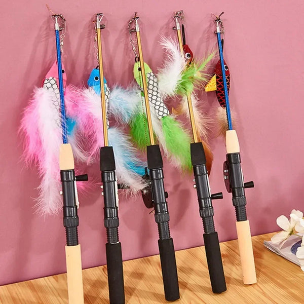 Fishing Rod Cat Toy with Fish and Feathers