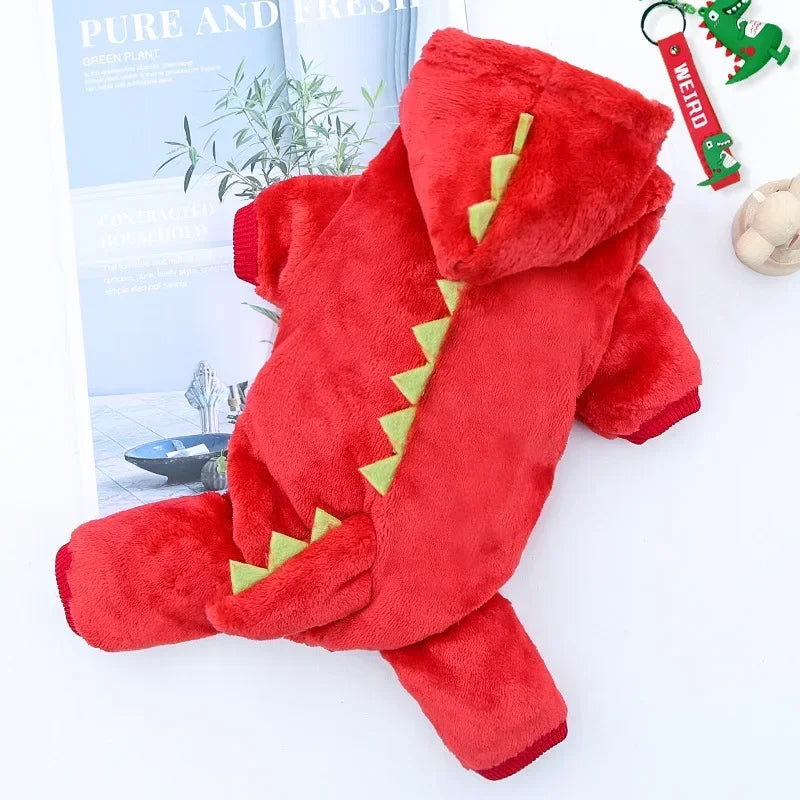 Red dinosaur fleece jumpsuit for small dogs - S (1.2-2 kg)