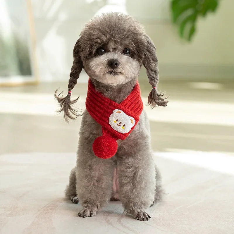 Knitted Pom-Pom Scarf for Small Pets - Red / S