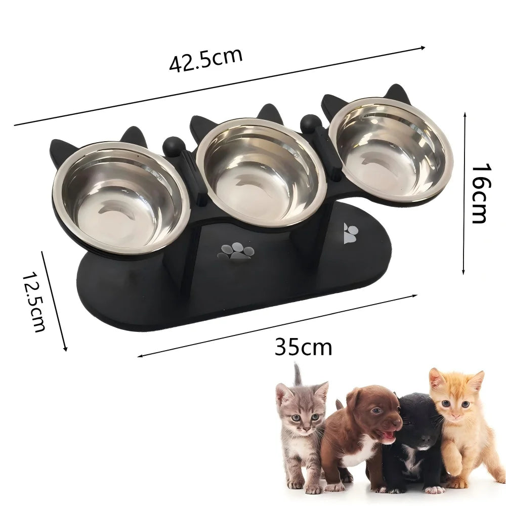 Tilted Stainless Steel Cat Bowls on Wooden Stand