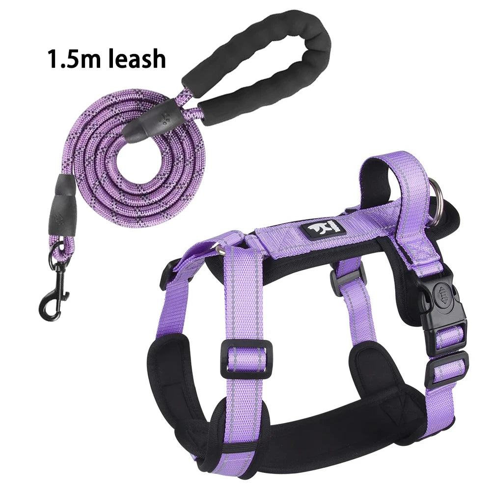 Padded Dog Harness with Handle, Lead Option - Purple With Leash / S