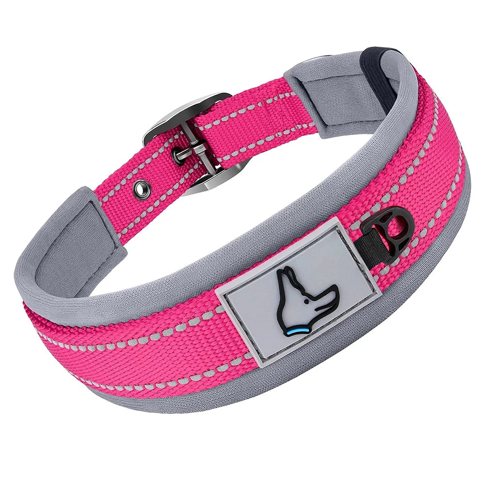 Padded Reflective Dog Collar - Rose Red / XL