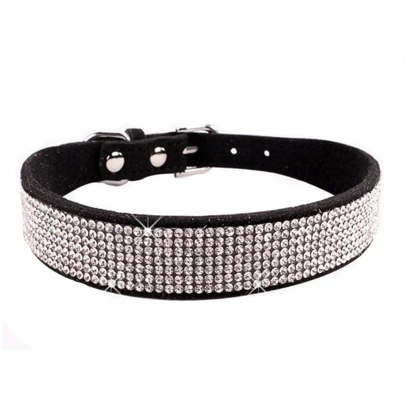 Rhinestone Suede Dog Collar - Black / XXS