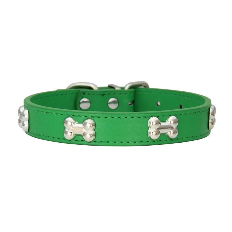 Leather Dog Collar with Bone Studs - Green / XS