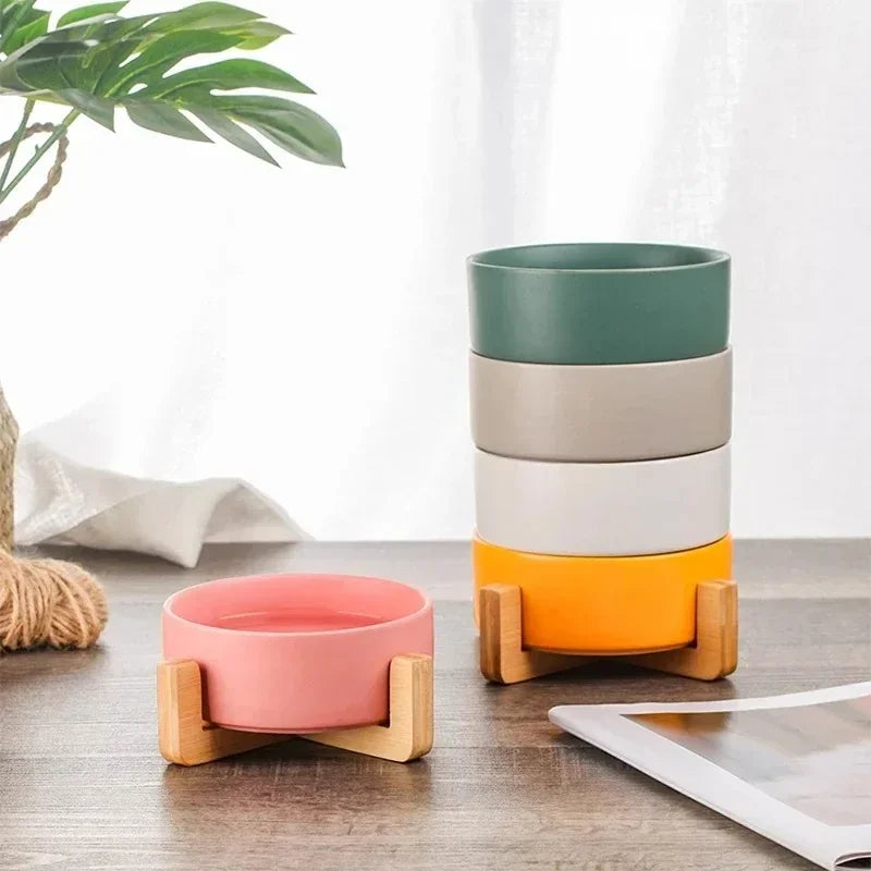 Ceramic Double Bowl on Wooden Stand